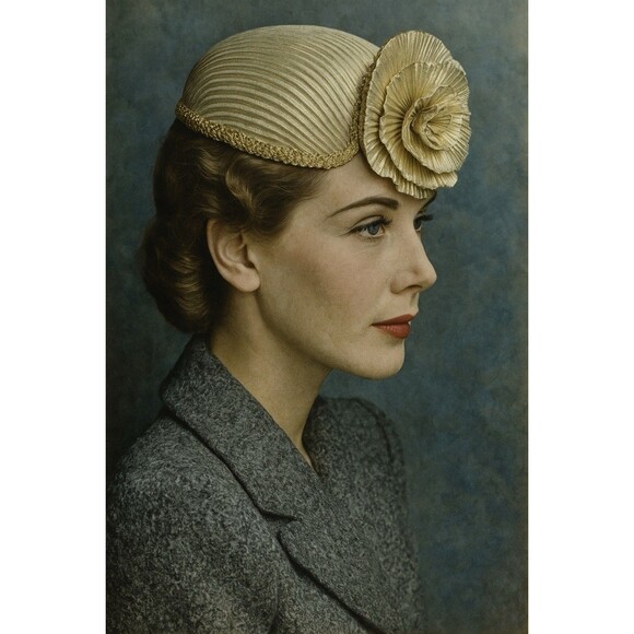 Vintage 1940s Pleated Floral Gold  Bow Pillbox Hat MCM Flapper 20s 30s - Picture 1 of 7